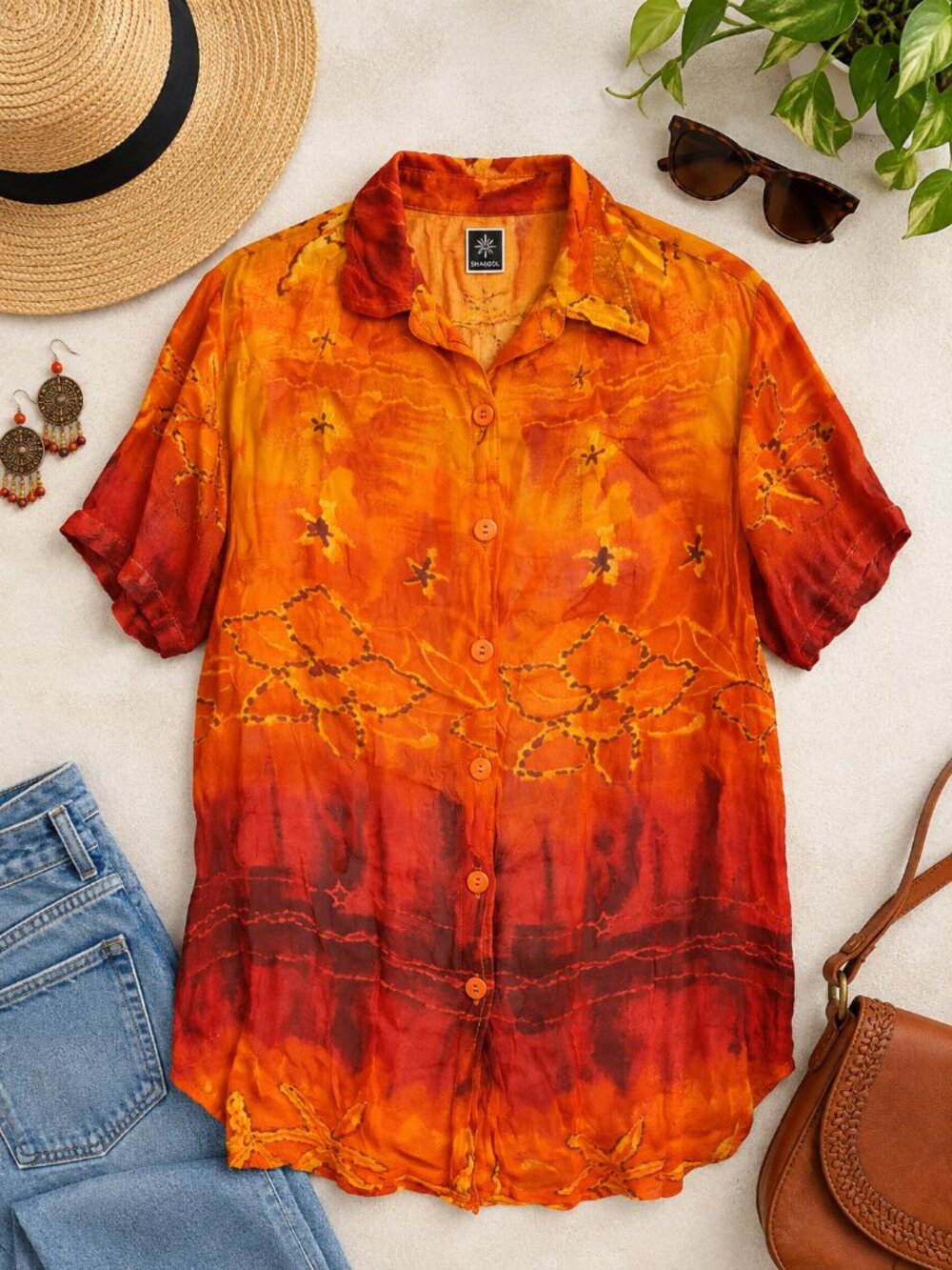 Vintage Phool 100% Rayon Orange Floral Batik Button Front Tunic Blouse L
